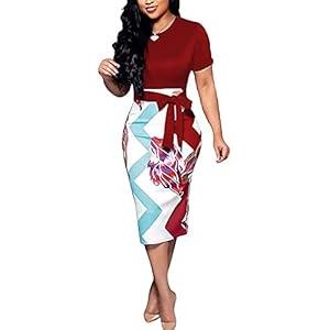 Nhicdns Women's Bodycon Dresses Midi Work Pencil Dress Tea Party Floral Print Dress Church Cocktail Dresses with Belt (XX-Large)