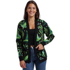 Wicked Witch Hat All-Over Print Women's Black Long Sleeve Cardigan (Green, XL)