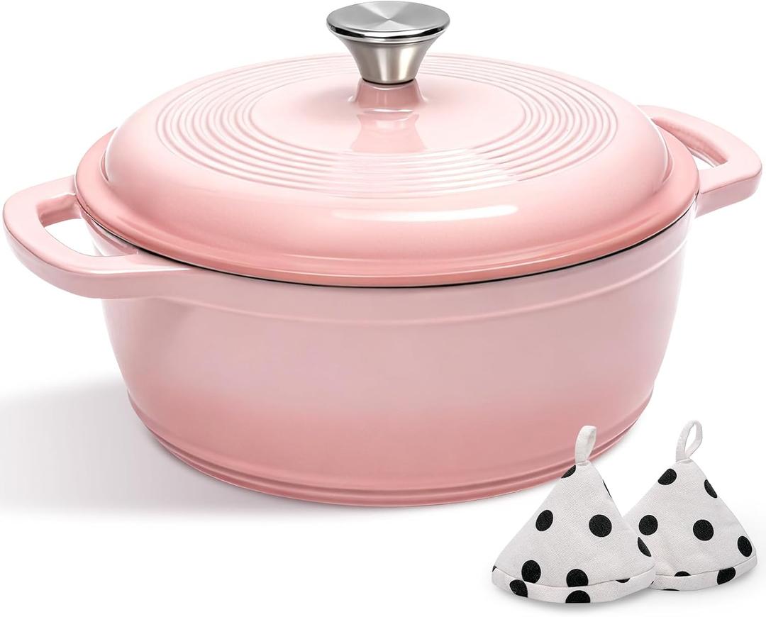 Cast Iron Dutch Oven Pot With Lid - AIVIKI 5QT Enameled Dutch Oven for Bread Baking With Cotton Potholders - Heavy- Duty Cookware Across All Cooktops, Wedding Registry Ideas & Gifts, Pink
