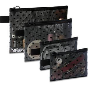 4-Piece Heart Printed Mesh Makeup Bag Set, Portable Travel Mesh Cosmetic Bags Toiletry Bags Makeup Purse Bags Mesh Zipper Storage Pouches for Home Offices Travel Accessories (Black)