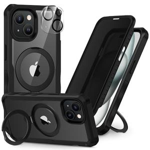 CENHUFO Privacy for iPhone 15 Plus Case, Full Body Phone Case [Compatible with Magsafe] Built-in 9H Tempered Glass Privacy Screen Protector and Magnetic Ring Stand, Clear Camera Lens Cover - Black