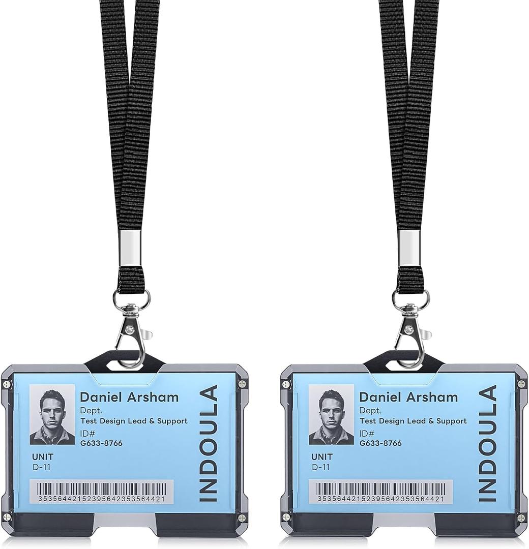 INDOULA 2 Pack Horizontal ID Badge Holder,Badge Holder with Black Lanyard and 4 Cards Slot for Office,ID Credit Cards,Driver's Licenses