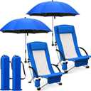 Colingmill 4 Pcs Low Beach Chair with Umbrella Camping Chair Backpack Folding Recliner Mesh Back with Headrest Cup Holder Carry Bag for Summer Tent Picnics Outdoor Travel Barbecues (Ocean Blue), multisize
