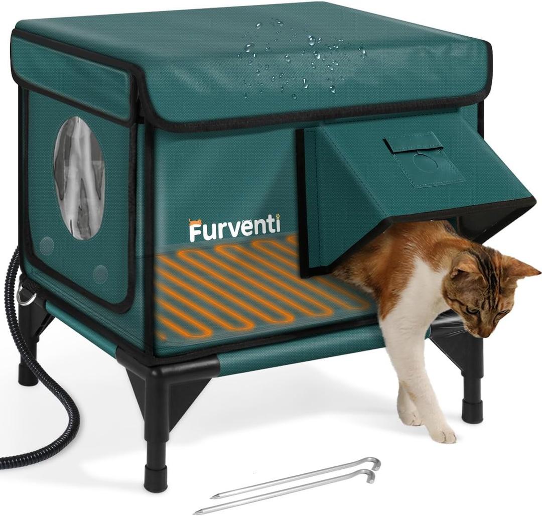 Outdoor Heated Cat House in Winter,Extremely Insulated & Weatherproof,Elevated Feral Cat Shelter with Waterproof Eaves & Escape Door for Outside Stray Barn Cat (Dark Green,S.)