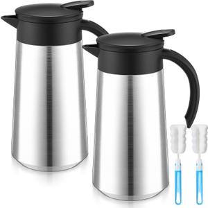 Honeydak 2 Pcs Coffee Carafe Airpot 27 oz Insulated Stainless Steel Vacuum Thermal Pot with Brushes Dispenser Coffee Carafe for Keeping Hot Water Tea 12 Hours Hot 8 Hours Cold(Silver)