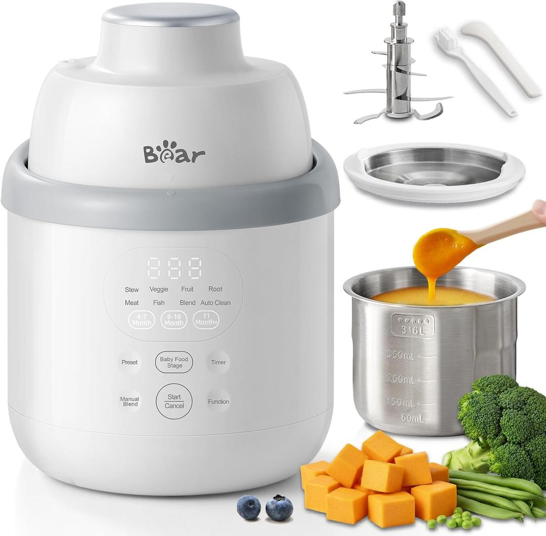 Bear NutriEase AllStage Stainless Steel Baby Food Maker Steamer and Blender, Truly OneStep Baby Food Processor Puree Maker Grinder Mills, Auto Cooking&Grinding for Healthy Homemade Baby Food, BPA-Free