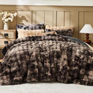 Lotus Karen Faux Fur Full Comforter Set – Tie-Dye Dark Gray Fluffy Comforter Full Size, Big Bubble Faux Rabbit Fur Bedding Comforter Sets, Cozy Fuzzy Bed Set 3 Pieces, 1 Comforter and 2 Pillowcases