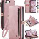 Defencase for iPhone 16E Case Wallet with RFID Blocking Card Holder Slots for Women Men, Elegant PU Leather Magnetic Snap Flip Wristlet Strap Zipper Wallet Phone Cases for iPhone 16e 2025, Pink