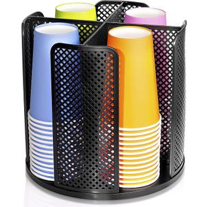 Rotating Paper Cup Dispenser, Cup Holder with 4 Compartments, Disposable Coffee Cup Dispenser Removable, Plastic Cup Storage & Lid Holder for Countertops, Kitchen, Coffee Stations (Black) (3-16oz Cups Rack)