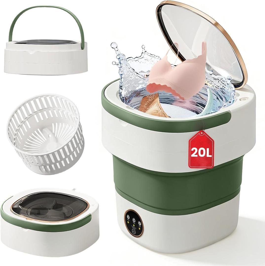 Portable Washing Machine - 20L Mini Foldable Washer with Spin Basket, 3 Cleaning Modes & Deep Cleaning for Small Clothes, Collapsible Laundry for Apartment, Home, Hotel and Travel (Green)