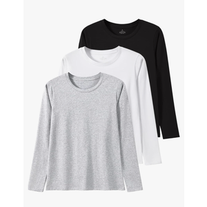 Xelky Womens Cotton Long Sleeve Shirts Workout Round Neck Casual Tops T-Shirt Plain Basic Soild Tee 3 Pack, Large