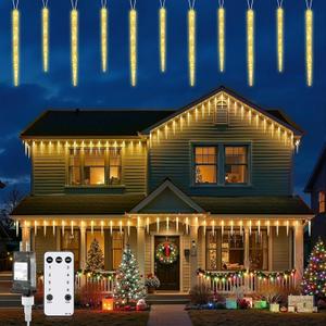 Brightown Icicle Lights Outdoor with Remote, 20ft 20 Tubes 100 LED Ice Shape String Lights, Connectable Hanging Christmas Decoration Lights for Tree Patio Roof Holiday Decor, Warm White