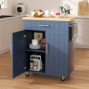 Shintenchi Kitchen Island cart with Storage, Portable Bar Cabinet on Wheels, Rolling Microwave Cart Side Table with Workstation for Kitchen, Dinning Room, Blue