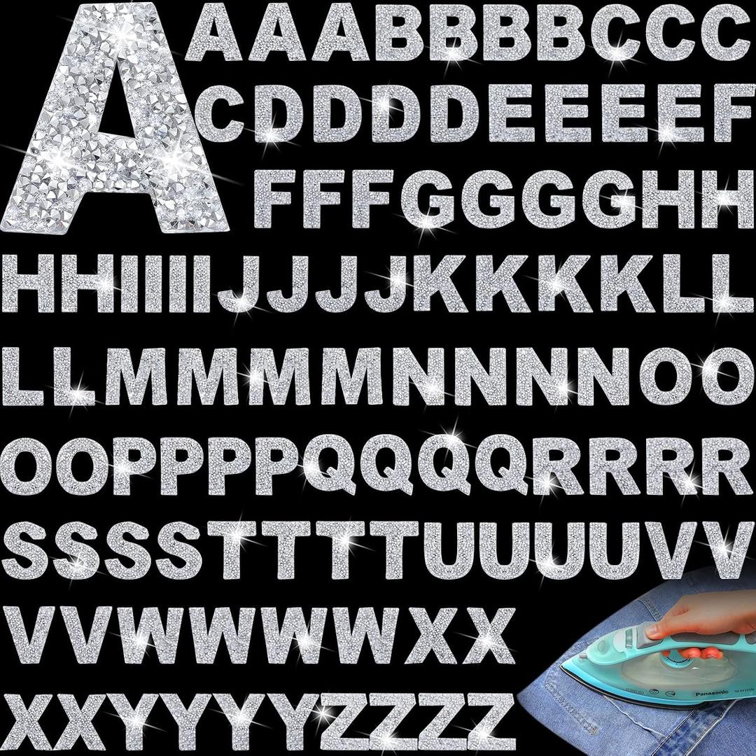 104 Pieces Rhinestone Iron on Letter Patches A-Z Letter Alphabet Patches Bling Iron on Letters Glitter Applique Patches for Clothing Shirt Jean Hat Shoe Bag Repair