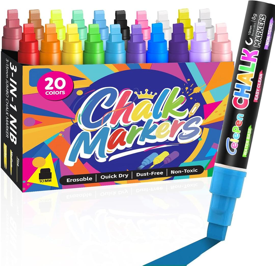 Window Chalk Markers for Cars Glass Washable, 20 Colors Jumbo Liquid Chalk Marker Pens with 10mm 3 in 1 Nib Wide Tips, Big Chalkboard Markers Car Window Paint Pens for Auto, Bistro, Mirror, Poster