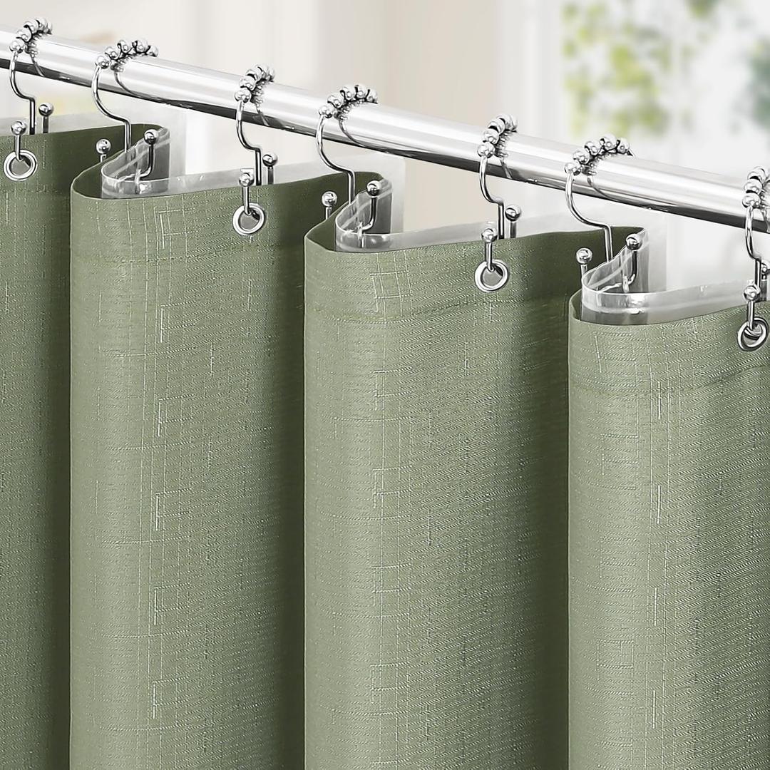 MitoVilla 3 in 1 Shower Curtain Set, Sage Green Modern Slub Textured Fabric Shower Curtain and Clear PEVA Liner Set with 12 Double Sided Steel Hooks, Waterproof Fabric Hotel Bathroom Curtain-72x72