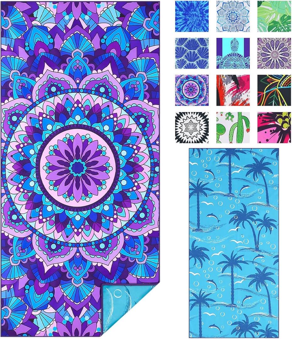 TwoYek Microfiber Sand Free Beach Towel Thin Quick Dry Super Absorbent Oversized Large Lightweight Towels for Travel Sports Pool Swimming Bath Camping Yoga Girls Women Adults (71 x 32 Inches, Blue Mandala Boho)