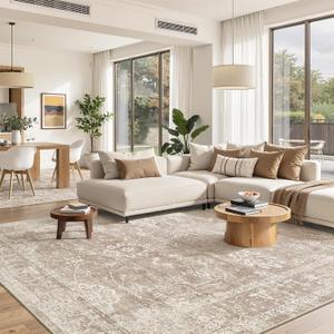 Madane 8x10 Area Rugs for Living Room, Machine Washable Vintage Rug with Non-Slip Backing, Soft Floral Print Large Throw Rugs, Thin Carpet for Bedroom Dining Room Farmhouse (8 x 10, Brown/Sand)