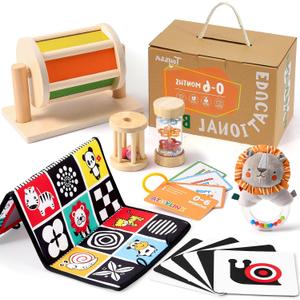 Toyssa Montessori Toys for Babies 0-6 Months, 6 in 1 Wooden Learning Educational Sensory Toys with Spinning Drum & Tummy Time Mirror & Baby Rattle & Flash Card, Birthday Gifts for Babies Boys Girls, Medium, Small