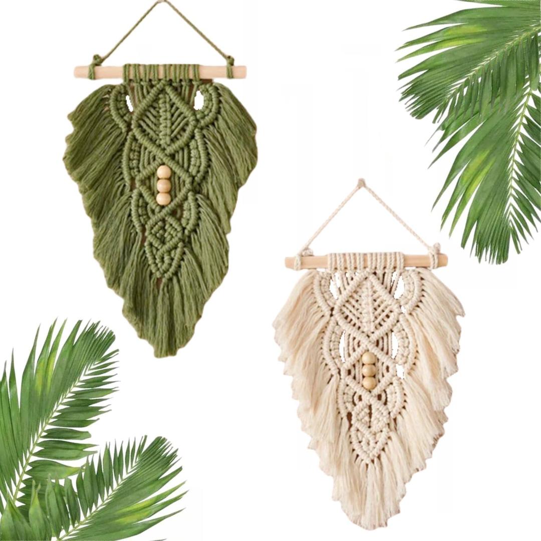 MAIQUNE Macrame Wall Hanging Leaves, Woven Tapestry Wall Hanging, Handmade Boho Woven Tapestry,Boho Home Decor for Dorm Home Bedroom Western Room Decoration Gift for Women (white+green)