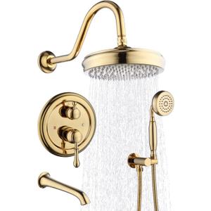 Enga Brass Shower Faucet Set with Tub Spout, 8" Rain Shower Head, Handheld Spray Combo, 3 Way Diverter Antique Bathtub Shower Faucet Set, Bright Gold