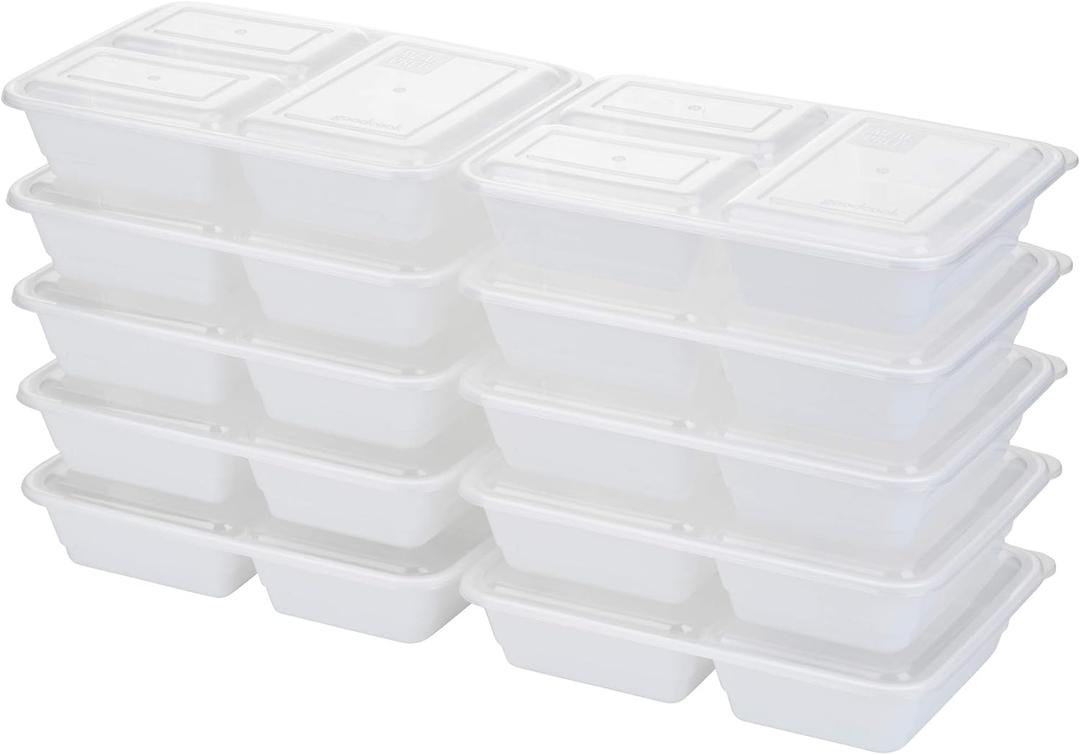 GoodCook Meal Prep Rectangle Three Compartment 20-Piece, White, Made without BPA (10 Sets)