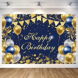 Blue Gold Birthday Party Backdrop Blue Gold Happy Birthday Banner Photography Background for Home Decorations Party Supplies 70.8 x 47.2 Inch