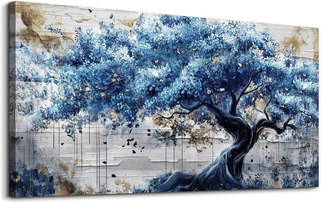ERQINHUA Canvas Wall Art For Living Room Large Wall Decor For Bedroom Office Decor Blue Tree Wall Paintings Farmhouse Abstract Watercolour Pictures Artwork Home Decor Ready To Hang Posters 24"X48" (48L" x 24W", Blue Tree Painting 1)