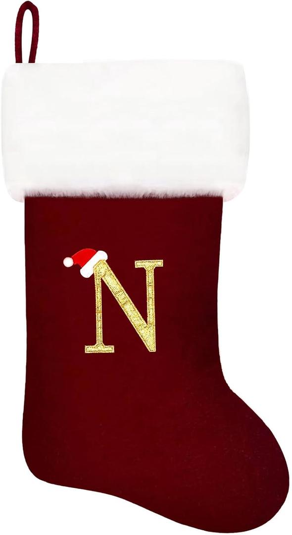 20 Inches Monogram Christmas Stockings Red Velvet with White Super Soft Plush Cuff Embroidered Stockings Classic Personalized Stocking Decorations for Family Holiday Season Decor(Letter N)