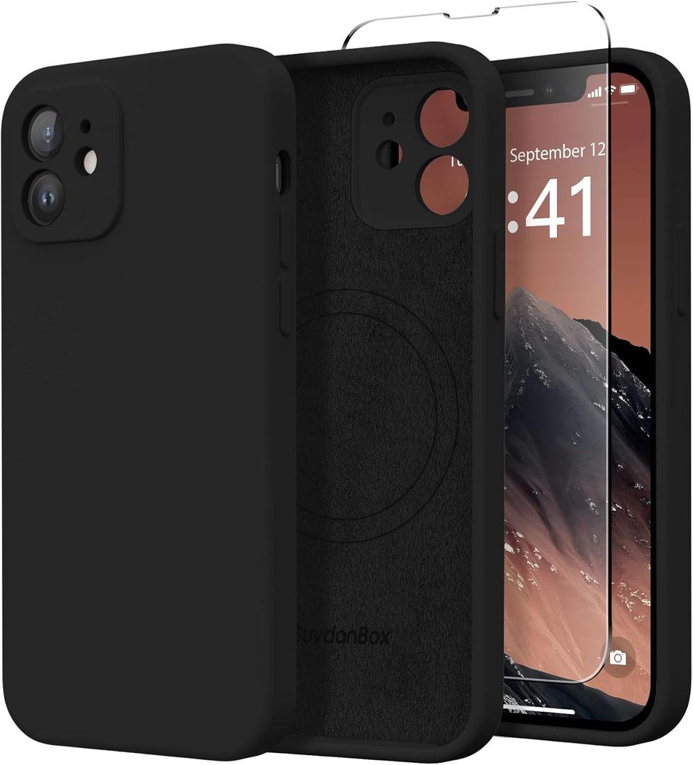 Magnetic for iPhone 12 Case, Compatible with MagSafe, [Full Camera Protection][Screen Protector] Silicone Shockproof Protective Phone Case for iPhone 12 6.1", Black