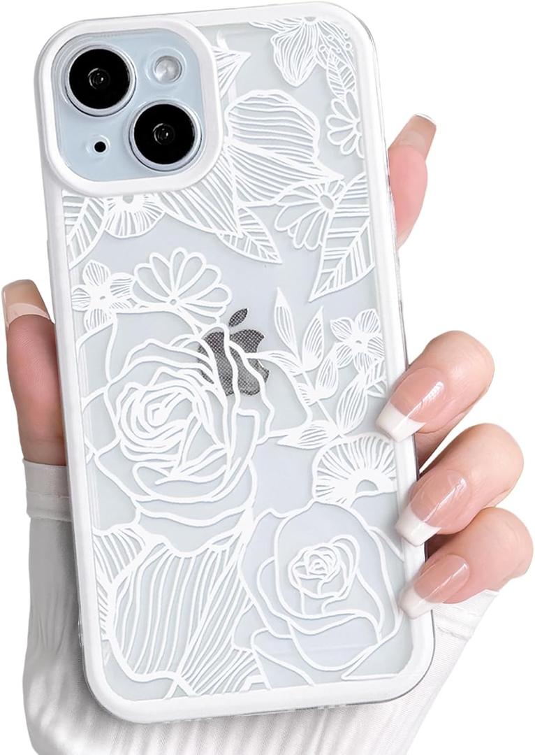 NITITOP Compatible with iPhone 15 Plus Case Clear Cute Rose Flower Floral Leaves Pattern for Women Girls Color Frame Slim Durable Shockproof Protective Phone Cover - White