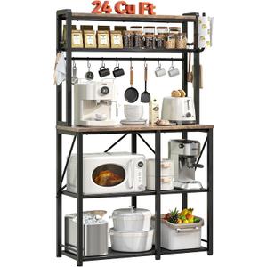 YASONIC Coffee Bar, Bakers Rack with Storage, 39.4 Inches Microwave Stand, 5 Tier Kitchen Shelves Appliance Storage, 12 S Hooks Large Coffee Station for Spices, Pots and Pans, Rustic Brown