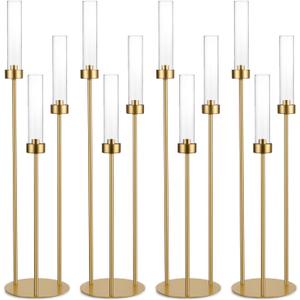 Vincidern 4pcs Gold Candelabra 3 Arm Taper Candle Holders with Acrylic Lampshade, 33.8'' Tall Candelabra Centerpiece for Table, Wedding, Party, Events Decorations, Candlestick Holders Fit LED Candles