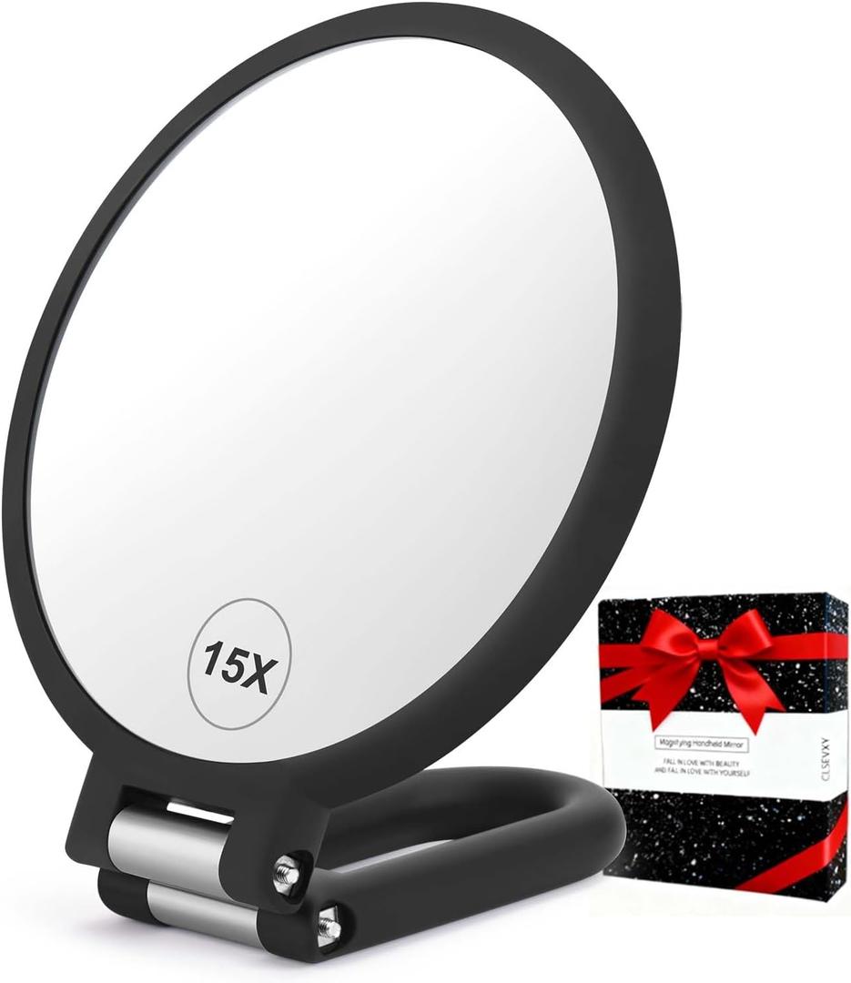 CLSEVXY Magnifying Handheld Mirror Double Sided, 1X 15X Magnification Hand Mirrors, Travel Folding Hand Held Mirror, 360Rotation Pedestal Makeup Vanity Mirror (Black)