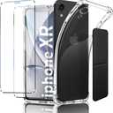 for iPhone XR 6.1-Inch Case, Shockproof TPU Clear Cover with 2 Pack Tempered Glass Screen Protectors & Leather Kickstand (3M Adhesive Mount) for Stand/Horizontal Viewing, Clear