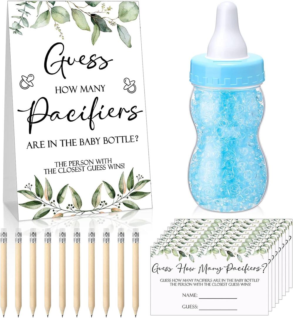 Roowest 512 Pcs Baby Shower Games Guess How Many Pacifiers Sign 100 Small Guessing Games 10 HB Pencils 750ml Milk Bottle 400 Acrylic Pacifiers Decoration for Guest Gender Reveal(Blue,Plant)