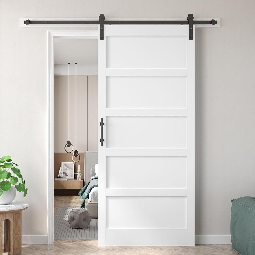 Fredbeck 42x96 inch White Barn Door with 7FT Sliding Door Hardware Kit Included & Handle,MDF,Solid PVC Surface,DIY Assembly,5-Panel