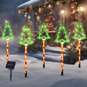 Christmas Solar Pathway Lights Outdoor Decorations, 8 Modes Xmas Tree Candy Lights Waterproof Led Garden Stake Light for Walkway Yard Lawn Porch Holiday Decor 5-Pack (Red Tube Tree, 5 Pack)