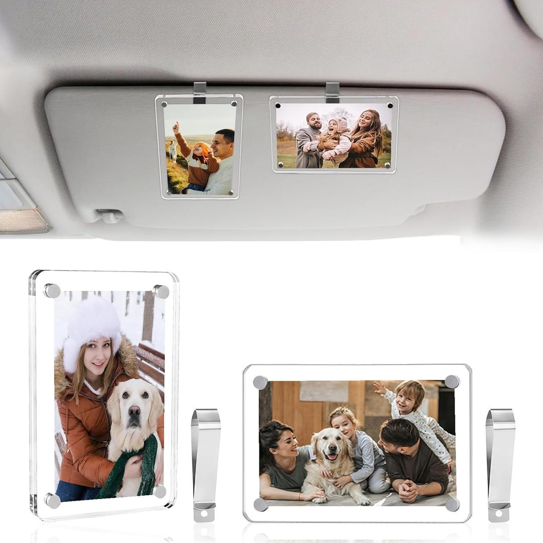 2 x 2 Pack Car Visor Photo Clip, Acrylic Magnetic Personalized Car Visor Clip Photo Frame, Sun Visor Picture Holder, Car Accessories for Women Men, Fathers Day Gift, Gift for Boyfriend Anniversary