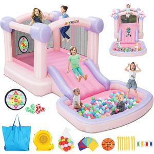 AKEYDIY Pastel Dream Bounce House for Kids 3-10, 161x82x63 inch Water Bounce House w/Slide,Ball Pit/Pool, Pink Bounce House UL Blower &50 Plastic Balls, Water Slide Bounce House Outdoor Backyard