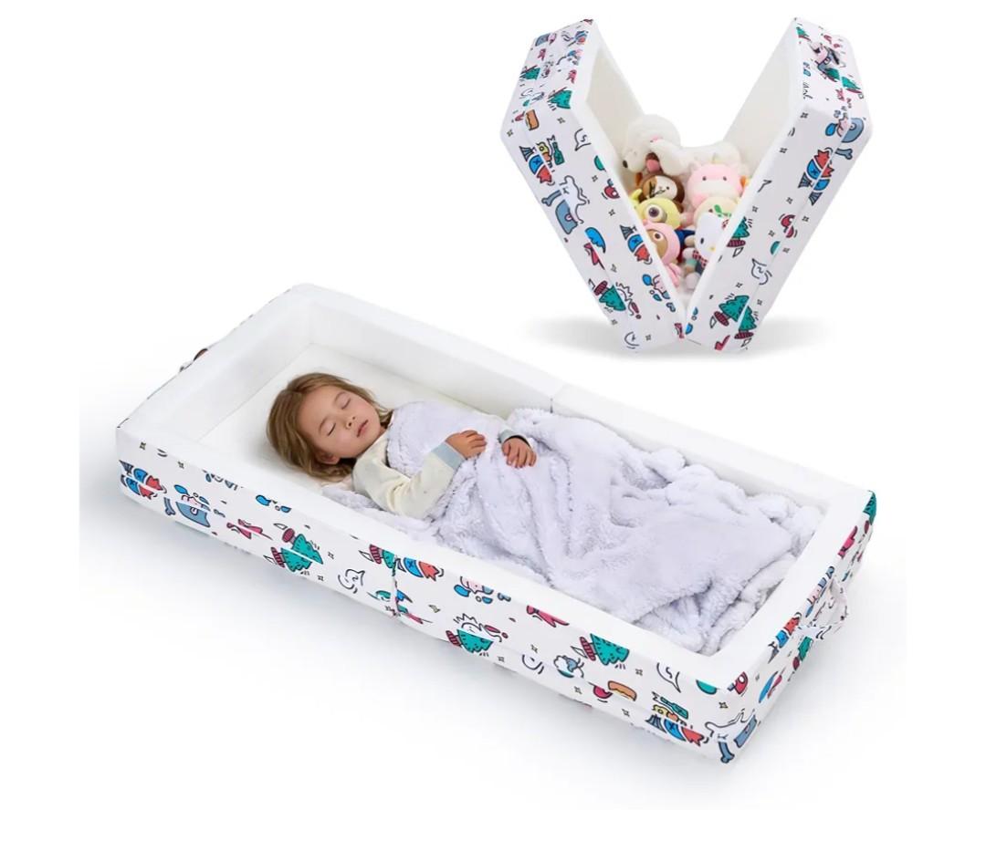 Umoving Portable Toddler Travel Bed – Foldable Soft Foam Floor Crib with Washable Cover, Built-in Safety Rails, No Assembly, Compact for Travel & Home Use, Cream