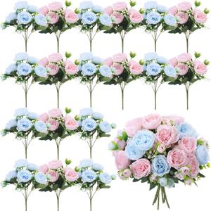 Geosar 16 Bundles Artificial Peonies Flowers Fake Silk Peony Bouquet Faux Peonies Flowers Bulk for Decoration Vase Floral Arrangements Wedding Party Table (Light Pink,Light Blue)