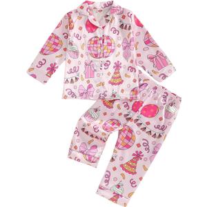 Kuriozud Toddler Kids Little Girls Birthday Satin Silk Pajamas Long Sleeve Button Down Sleepwear Winter Pjs Set Nightgown (Pink) Size 80