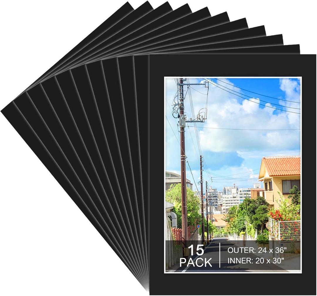 15 Pack Black Picture Mats 24x36 for 20x30 Photos, Bevel Cut
1.2 mm Thick Mat Board, Black Core Bevel Cut, Fits Photos, Prints and Artwork, Ideal for Frames, Gallery and Office Display