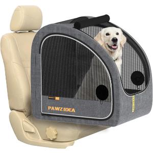 PAWZIDEA Collapsible Dog Travel Crate, Portable Pet Crate for Car, Soft-Sided Dog Kennel for Medium Large Dogs, Pop-Up Metal Frame, Seatbelt & Headrest Strap, Foldable Pet Car Seat Carrier for Outdoor (Mid-Hemp Grey, Portable)