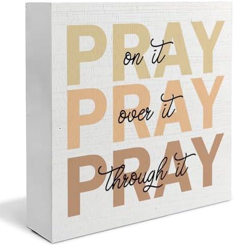 Absnfatu Christian Wooden Sign - Pink Pray Desk Decor - Christian Gifts for Women, Prayer Room Decor - 5x5(Style B), Pack 3