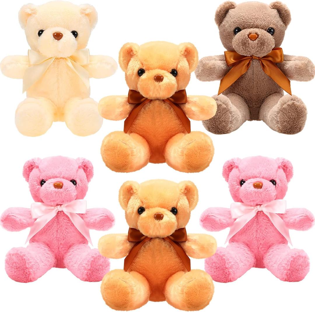 Aoriher 6 Pcs Bears Stuffed Animal Bulk Adorable and Cuddly Soft Cute Plush Gifts for Girlfriend Baby Shower Graduation Birthday Wedding Party Favors(Beige, Brown, Pink)