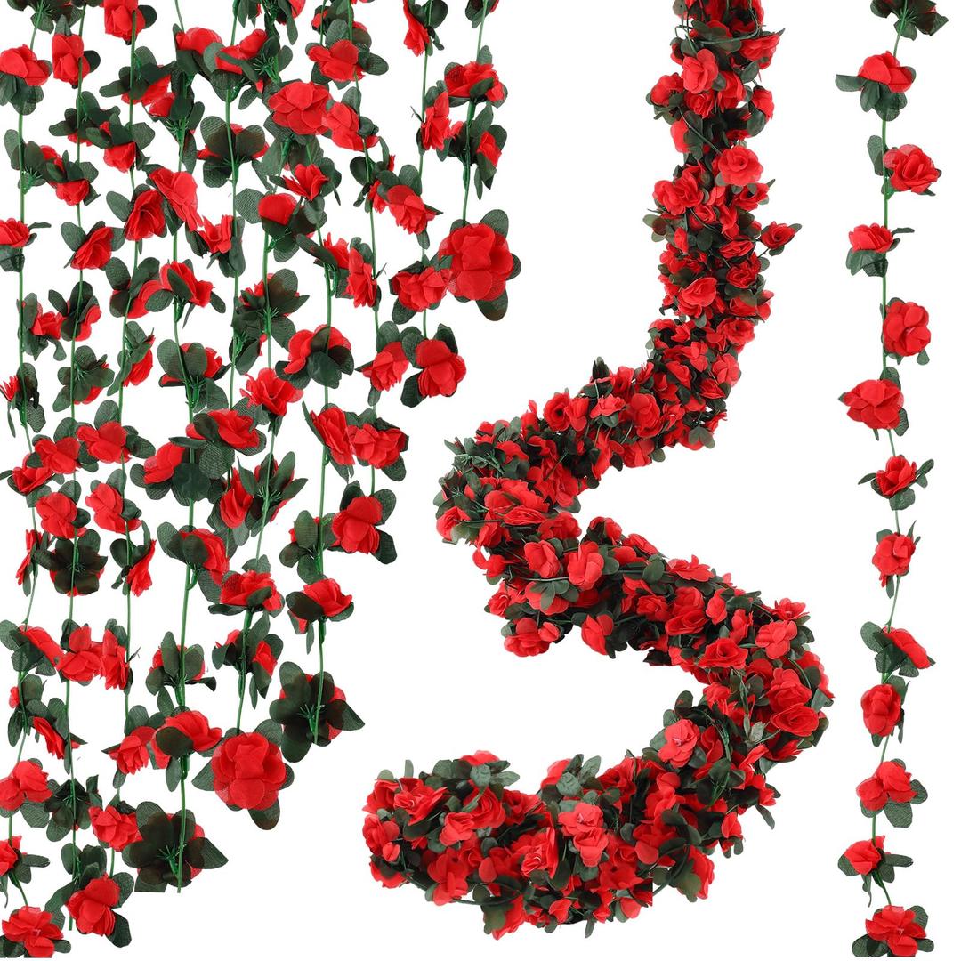 5 Pcs 41ft Flower Garland Artificial Vine with Green Leaves Hanging Fake Flower Vines Ivy Garlands Wall Garden Decor for Room Wedding Birthday Arch Decor (Red)