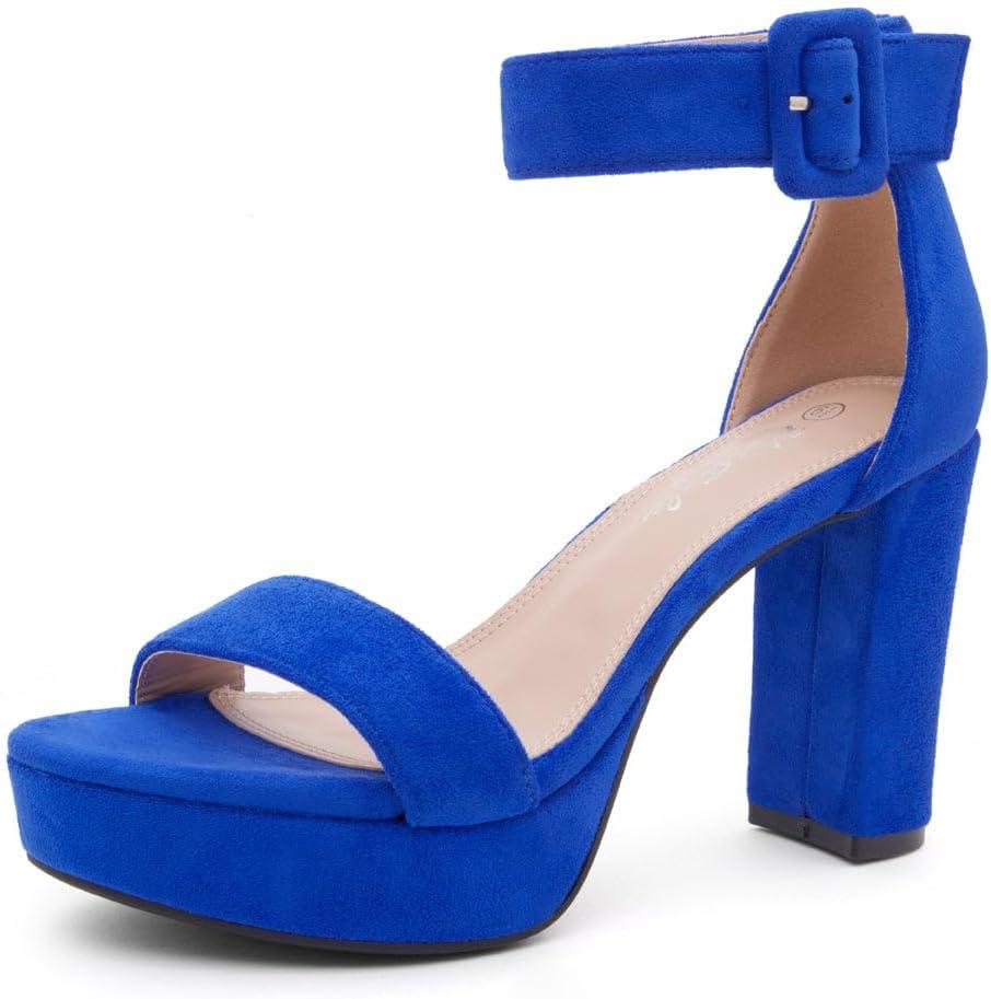 Herstyle Women's Chunky Platform Heels 4 Inch Block Heeled Sandals, Open Toe Dressy Strappy Heels with Ankle Strap for Wedding, Prom, Party & Graduation (Blue, 11)