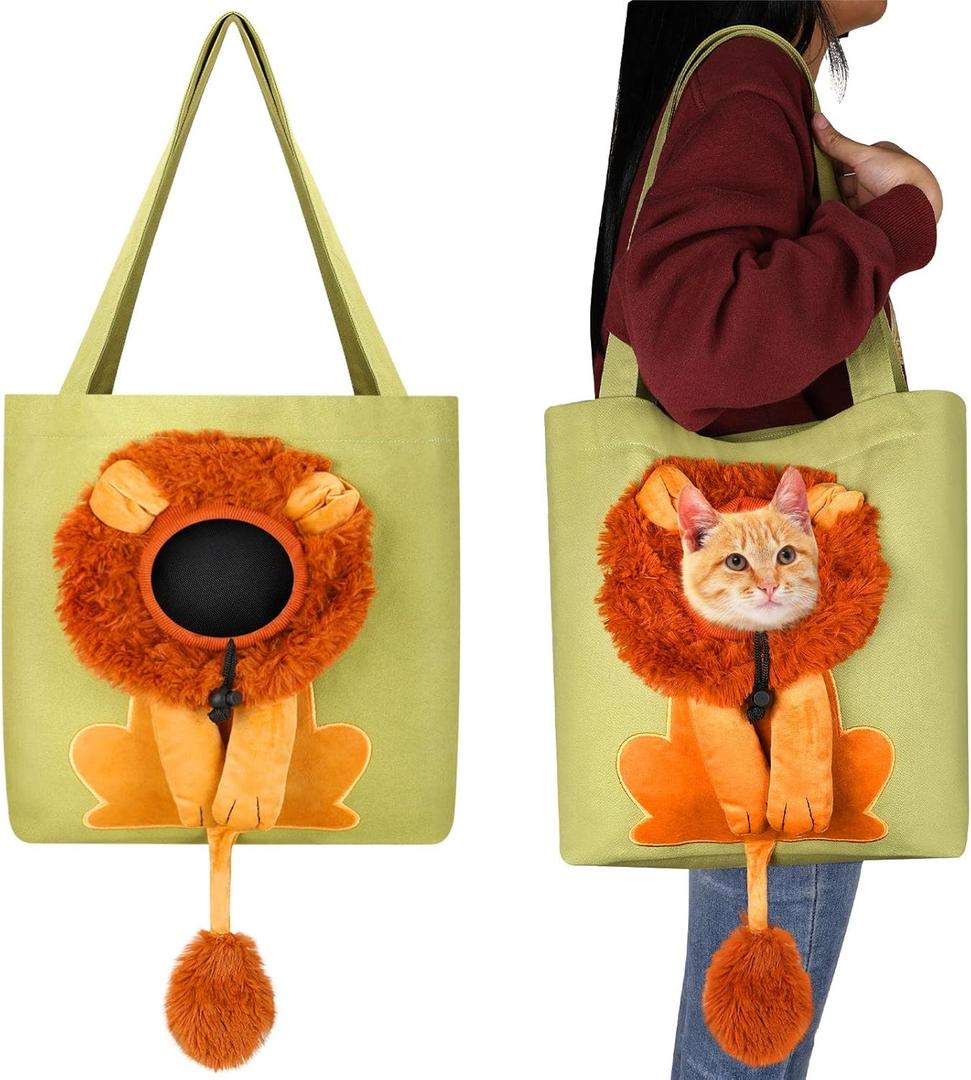 Cunno Pet Canvas Shoulder Bag Lion Shaped Cute Cat Carrier Handbag Portable Carrying Dog Tote Bag for Small Animal Supplies Outdoor Travel(Green)